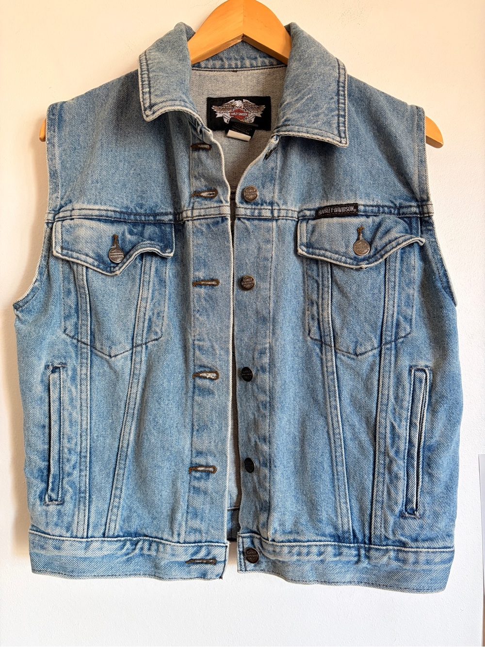Vintage Harley Davidson 90s Light Blue Denim Vest Jacket S Unisex - Picture 4 of 11